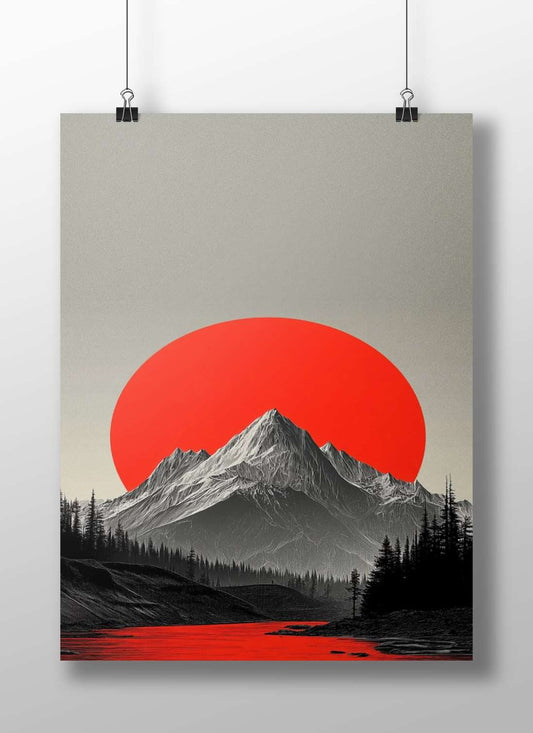 Snow-capped mountain range with a large red sun behind it and a red river in the foreground Main Subject: Snow-capped