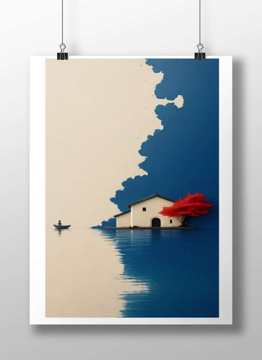 a white house with a vibrant red maple tree on water Main Subject: a white house with a vibrant red maple tree on water