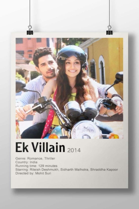 The movie poster for "Ek Villain" (2014) featuring actors Riteish Deshmukh, Sidharth Malhotra, and Shraddha Kapoor on a