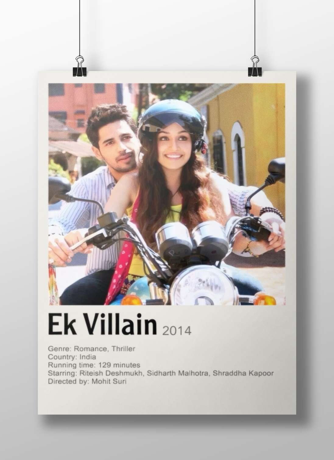 The movie poster for "Ek Villain" (2014) featuring actors Riteish Deshmukh, Sidharth Malhotra, and Shraddha Kapoor on a