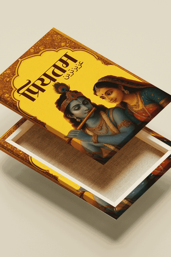 Textured gallery canvas print of the Radha Krishna divine art, highlighting the soft hand-painted details and golden motifs.