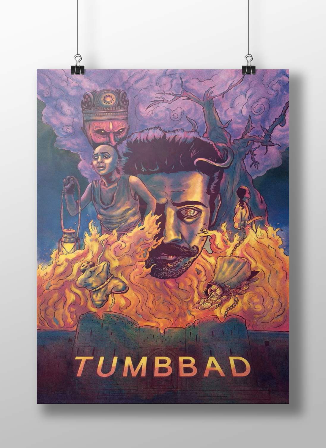 Dev (protagonist), Surya (character with lantern) Dev Enigmatic Flame Surreal Poster – Tumbbad Mystic Marathi