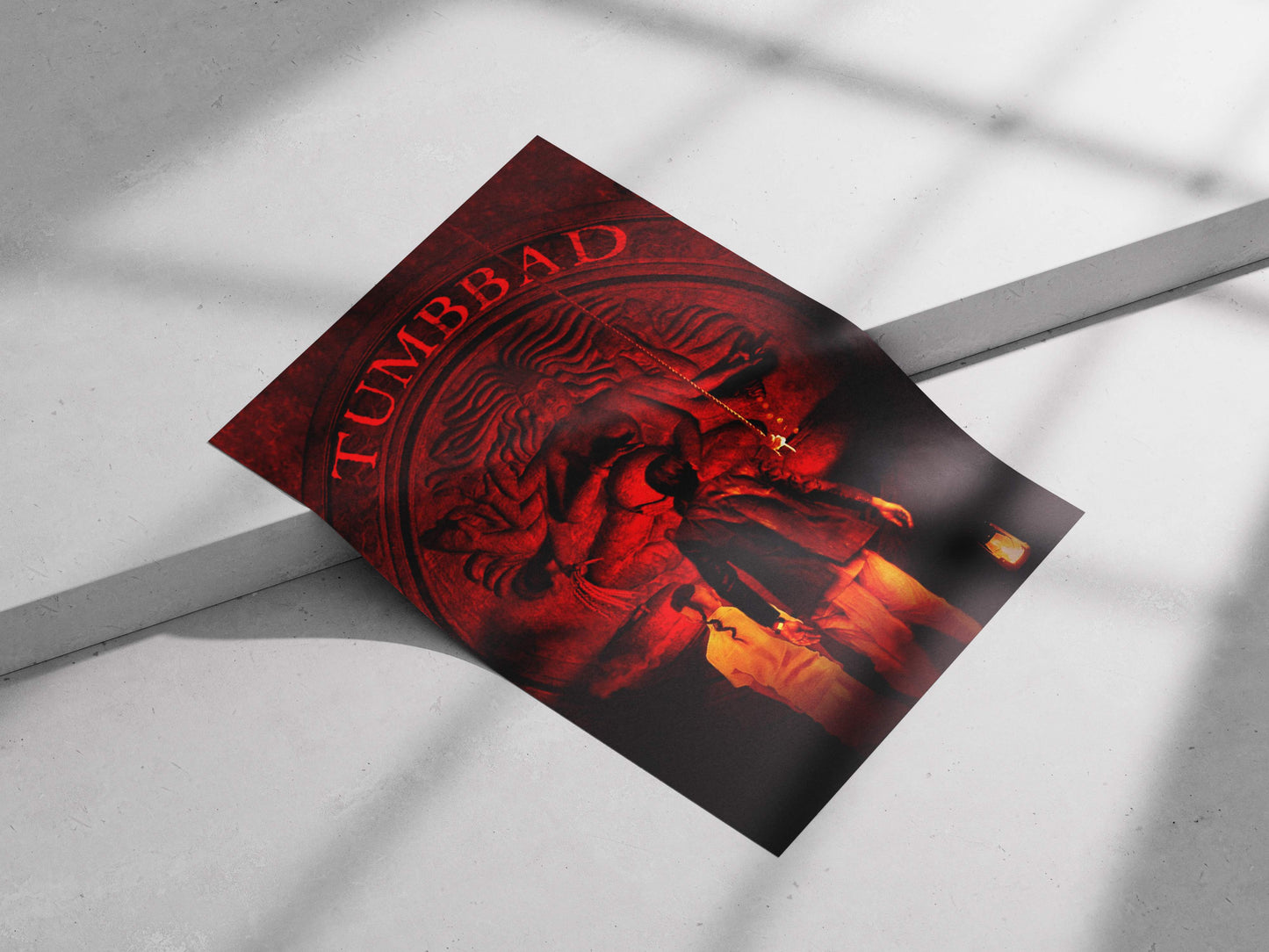 Raja (protagonist) and his son (Tumbbad film characters) Tumbbad High-Contrast Red Cinematic Art Temple Scene