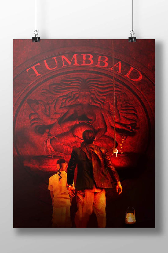 Raja (protagonist) and his son (Tumbbad film characters) Tumbbad High-Contrast Red Cinematic Art Temple Scene