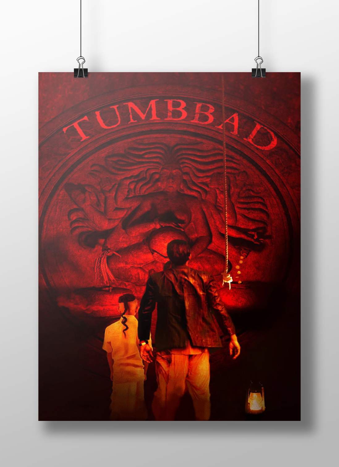Raja (protagonist) and his son (Tumbbad film characters) Tumbbad High-Contrast Red Cinematic Art Temple Scene