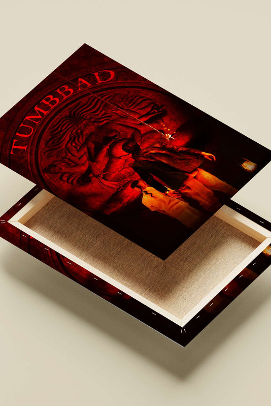 Raja (protagonist) and his son (Tumbbad film characters) Tumbbad High-Contrast Red Cinematic Art Temple Scene