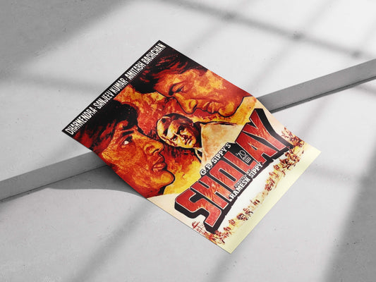 Classic vintage Bollywood poster featuring Dharmendra and Amitabh Bachchan in a warm hand-painted style, ideal for retro room decor.