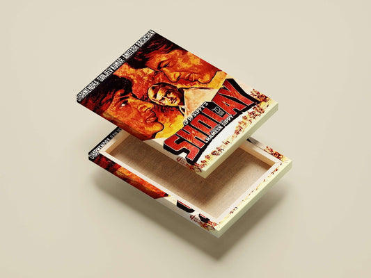 Textured gallery-style canvas print of legendary Indian cinema art, highlighting the dramatic facial expressions and bold typography of a 70s masterpiece.