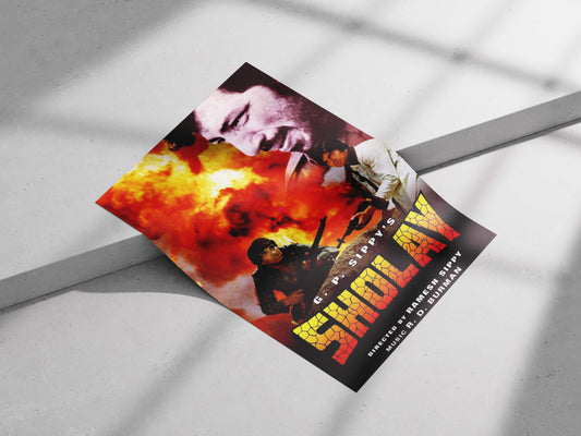 Action-packed Sholay movie poster with Jai and Veeru holding rifles amidst fire, printed on high-quality silk paper for a retro room vibe