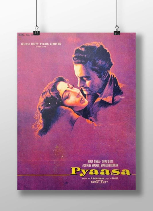Vintage movie poster for 'Pyasa' with a couple embracing on a purple. Rigid and sleek Boizzboard hard poster of the classic film Pyaasa, mounted frameless to showcase the vibrant high-contrast cinematic art. background