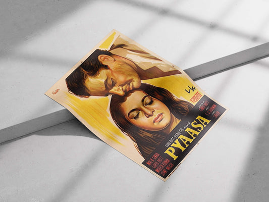 Movie poster for 'Pyaasa' with a couple embracing on a light gray background.Classic hand-painted Pyaasa movie poster with warm yellow tones and vintage Hindi typography, styled in a minimalist room.