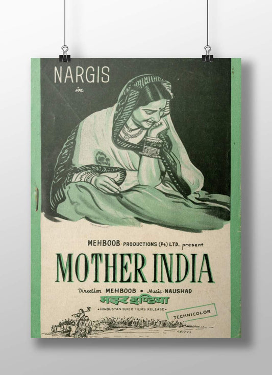 Vintage movie poster for 'Mother India' featuring a woman in traditional attire. Rigid Boizzboard hard poster of the film Mother India, showcasing the classic 1950s cinematic art in a sleek, frameless mount.