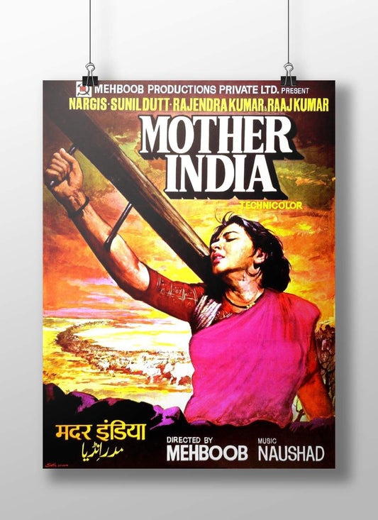 Vintage movie poster of 'Mother India' with a woman holding a spear against a colorful background. Rigid Boizzboard hard poster of the iconic Mother India plough scene, mounted frameless for a sleek, high-definition cinematic look.