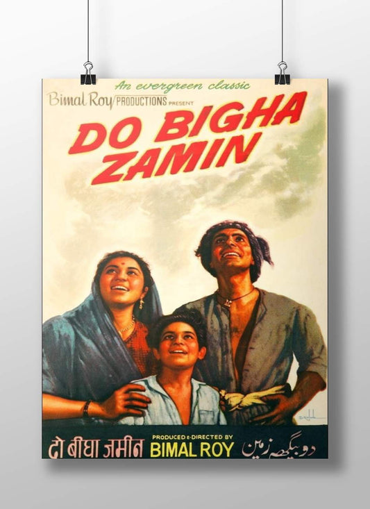 Vintage movie poster for 'Do Bigha Zamin' featuring three people against a cloudy sky. Rigid and durable Boizzboard hard poster of Bimal Roy’s classic film, mounted frameless to showcase the vibrant red typography and retro art.