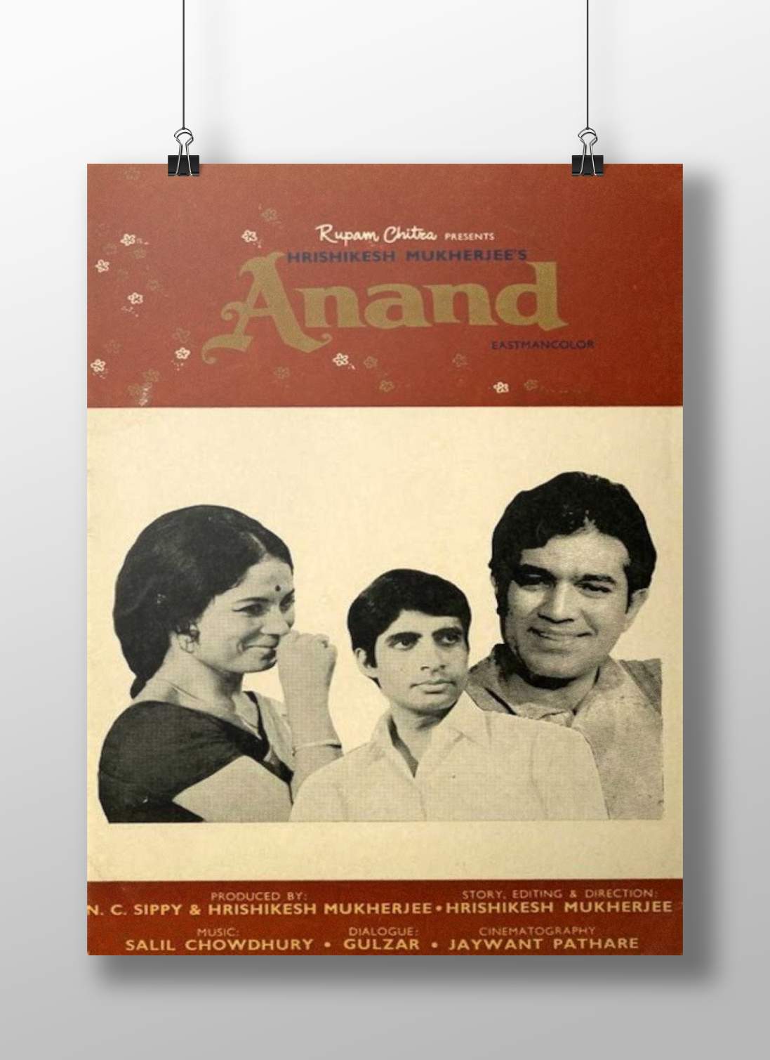 Waheeda Rehman, Dharmendra, Raj Kapoor Anand 1956 Floral Pop Art Red Background Wall Art –