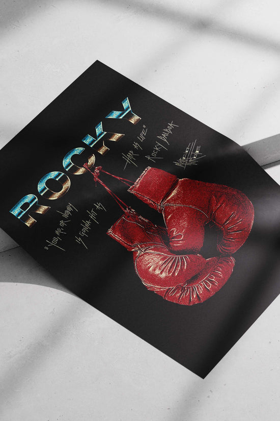 Rocky Balboa High-Contrast Digital Collage Hanging Glove Poster – Motivational Boxing Wall Art