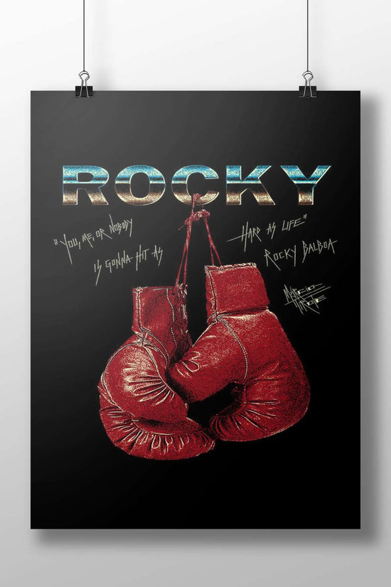 Rocky Balboa High-Contrast Digital Collage Hanging Glove Poster – Motivational Boxing Wall Art