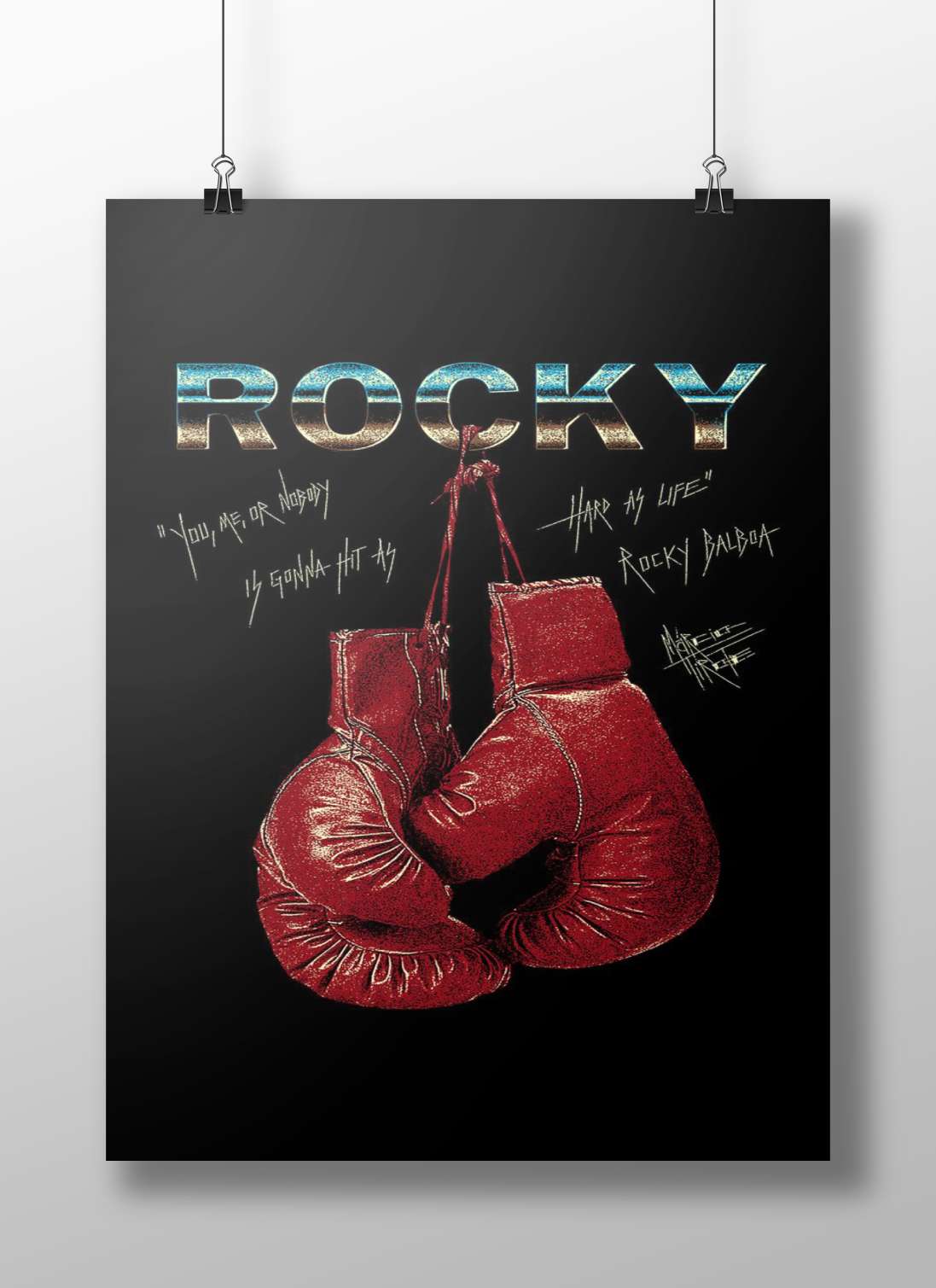 Rocky Balboa High-Contrast Digital Collage Hanging Glove Poster – Motivational Boxing Wall Art