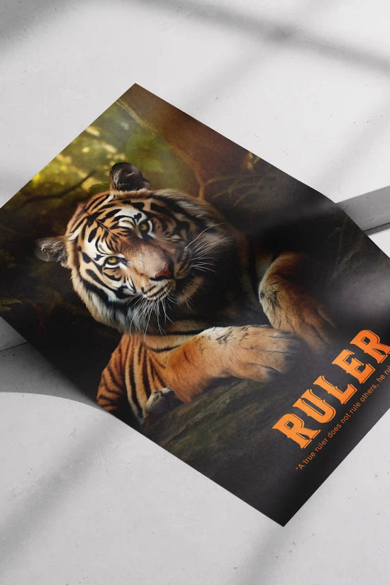 Motivational tiger poster with leadership quote "The Ruler," styled in a modern executive office setup.