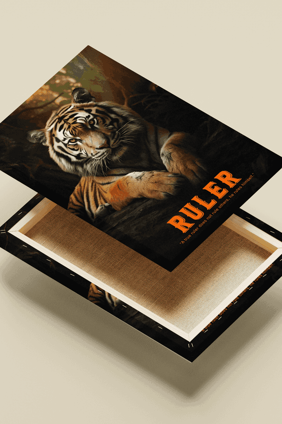 Textured gallery canvas print of the Tiger Ruler art, highlighting the cinematic forest lighting and powerful motivational text.