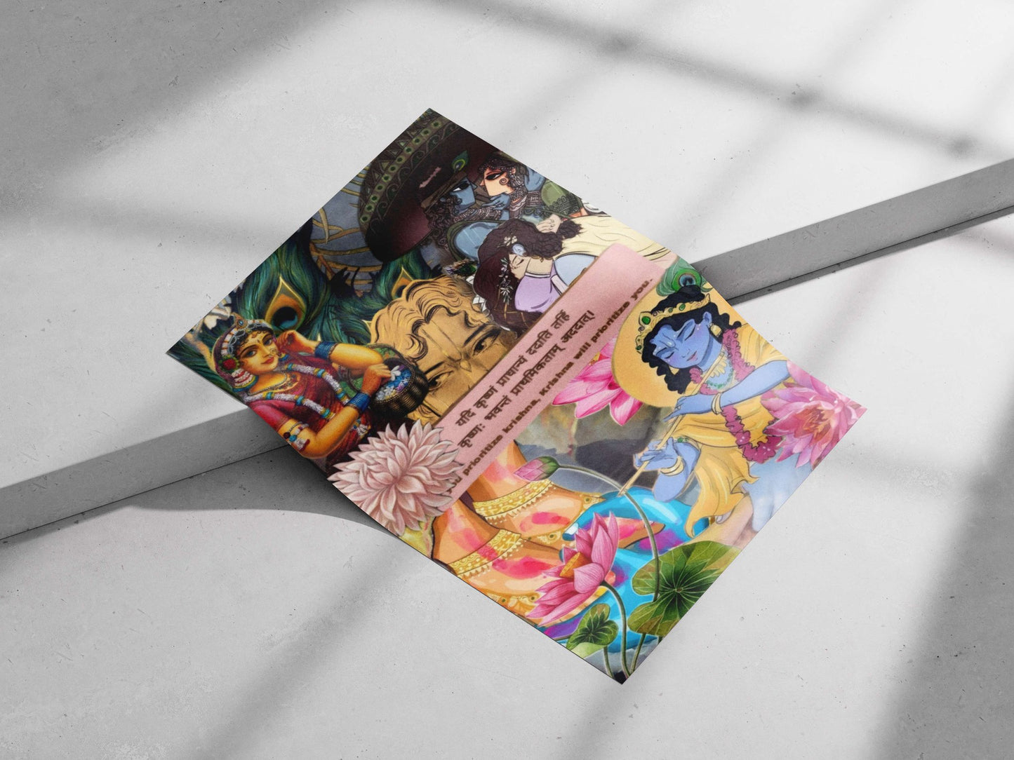 Hindu deities, primarily Krishna (blue flute-playing deity) and Devi (e.g., Lakshmi, in red attire) Main Subject: Hindu
