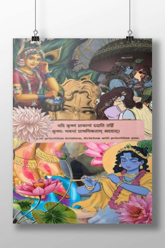 Hindu deities, primarily Krishna (blue flute-playing deity) and Devi (e.g., Lakshmi, in red attire) Main Subject: Hindu
