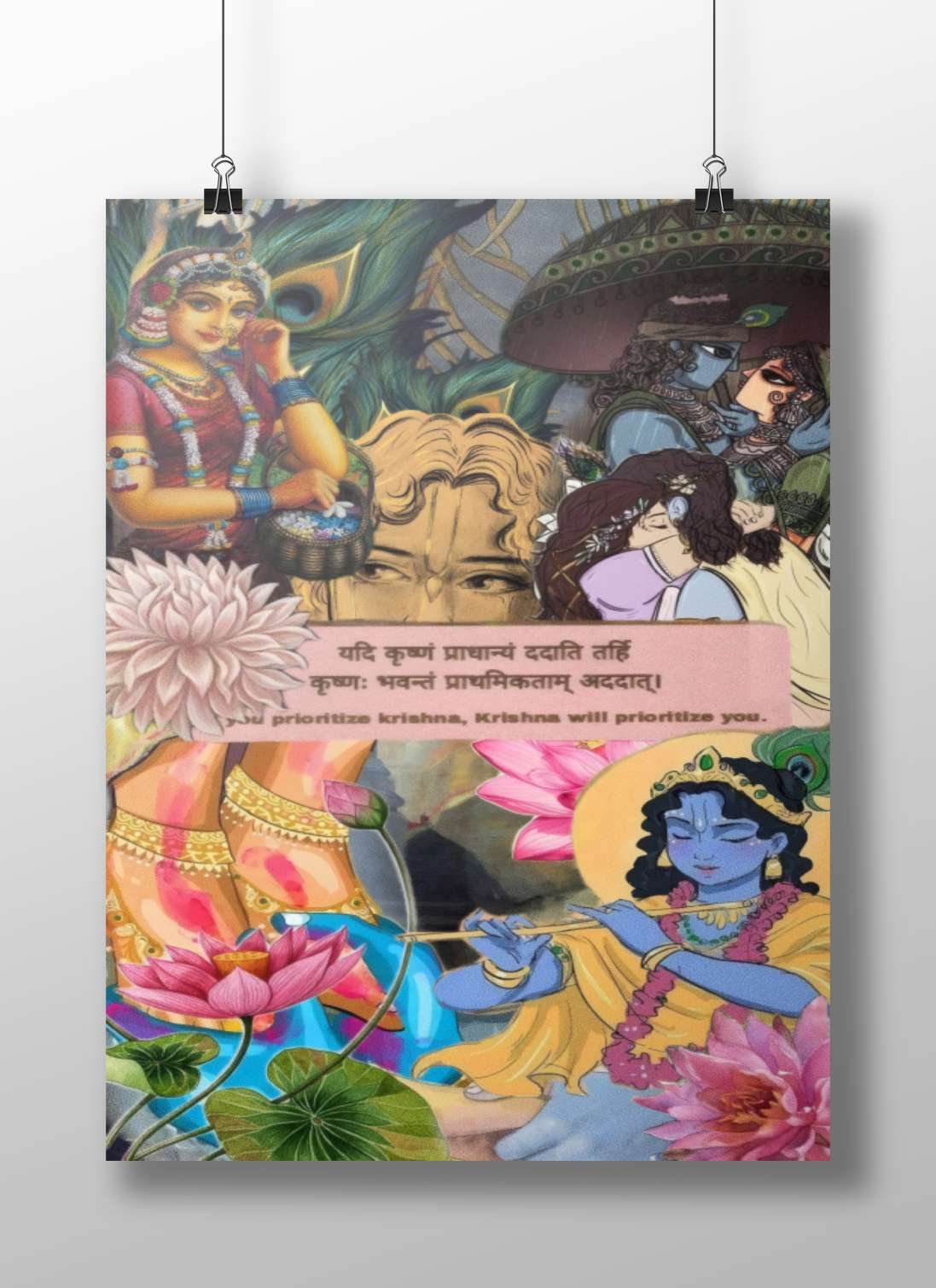 Hindu deities, primarily Krishna (blue flute-playing deity) and Devi (e.g., Lakshmi, in red attire) Main Subject: Hindu