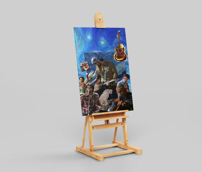 Rockstar Movie Collage Poster – Ranbir Kapoor as Jordan | Van Gogh Starry Night Background | Guitar Flame Aesthetic Wall Art