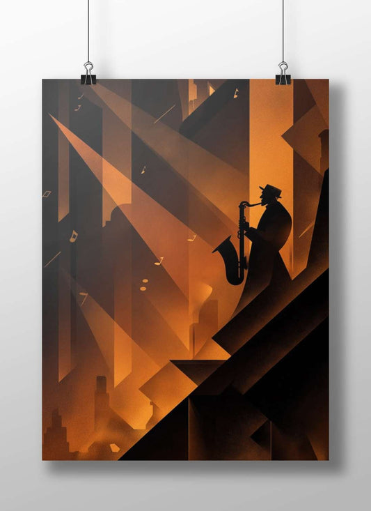 Silhouette of a Man Playing Saxophone Main Subject: Silhouette of a Man Playing Saxophone Matte BoizzBoard rigid print — Art