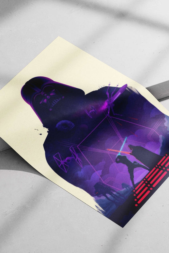 Darth Vader (Star Wars franchise) with Luke Skywalker, Death Star, X-Wings, TIE fighters, and AT-AT walkers. Main Subject: