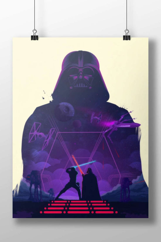 Darth Vader (Star Wars franchise) with Luke Skywalker, Death Star, X-Wings, TIE fighters, and AT-AT walkers. Main Subject: