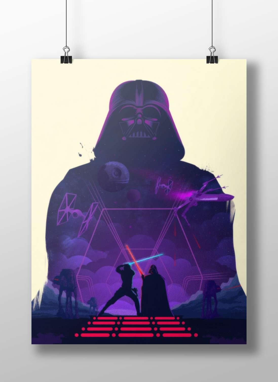 Darth Vader (Star Wars franchise) with Luke Skywalker, Death Star, X-Wings, TIE fighters, and AT-AT walkers. Main Subject: