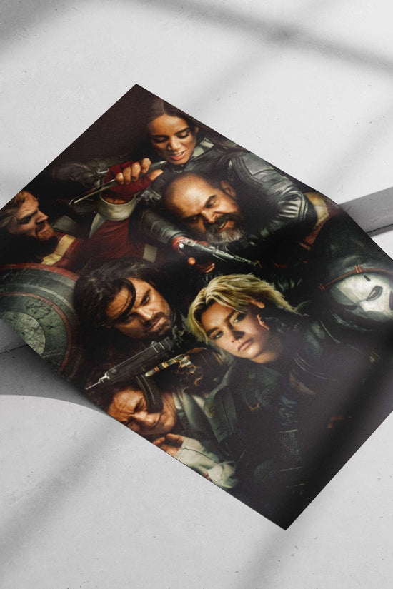 Characters from Marvel's The Falcon and the Winter Soldier (Steve Rogers, Bucky Barnes, Sam Wilson, Sharon Carter, John