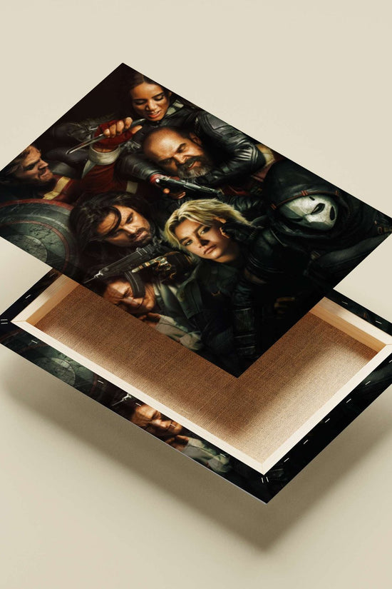 Characters from Marvel's The Falcon and the Winter Soldier (Steve Rogers, Bucky Barnes, Sam Wilson, Sharon Carter, John