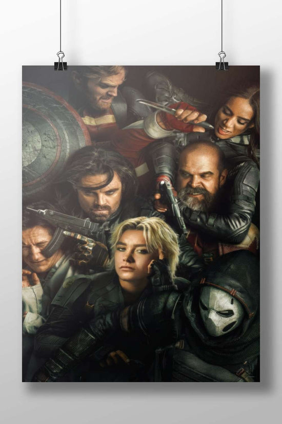 Characters from Marvel's The Falcon and the Winter Soldier (Steve Rogers, Bucky Barnes, Sam Wilson, Sharon Carter, John