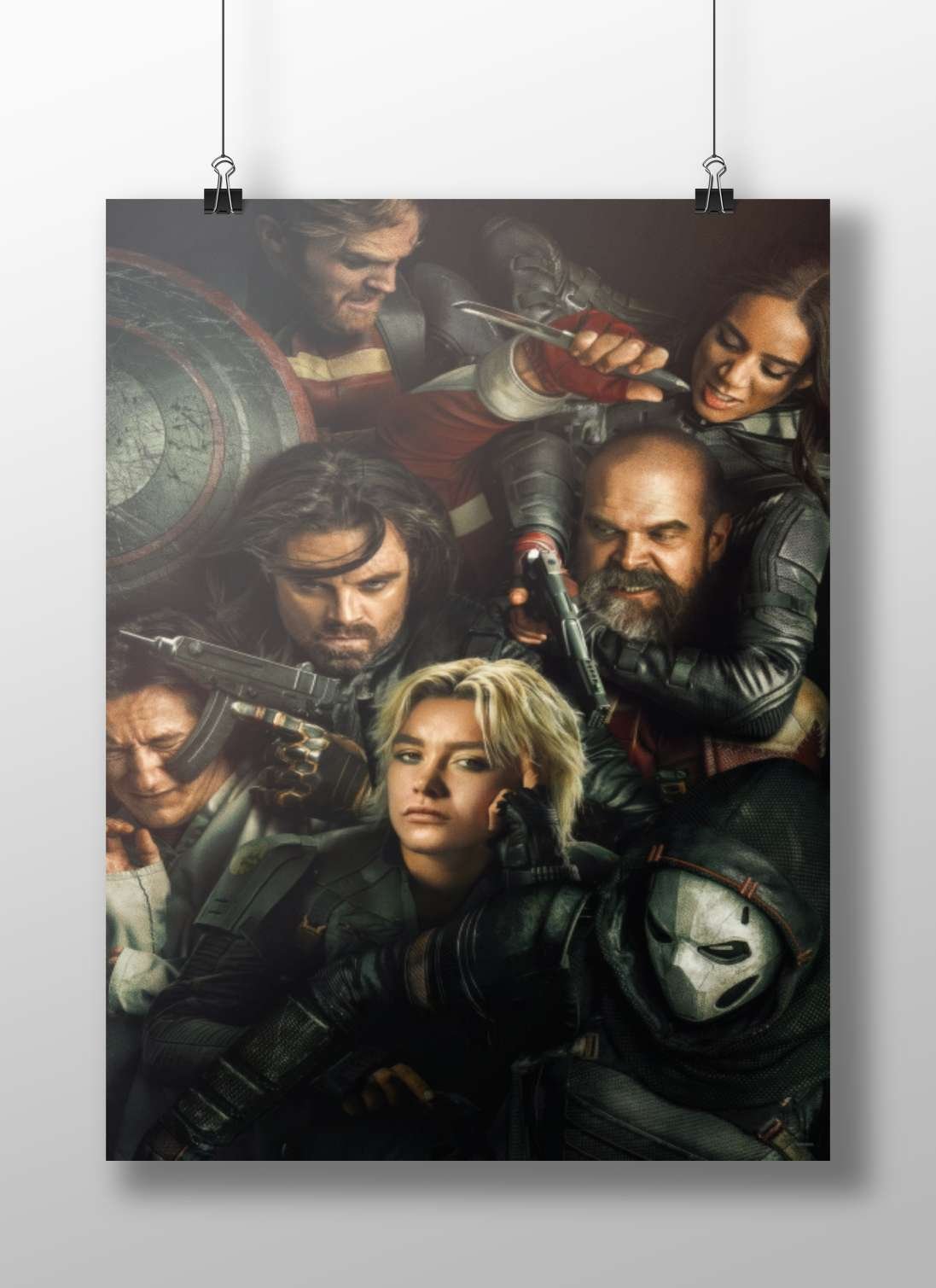 Characters from Marvel's The Falcon and the Winter Soldier (Steve Rogers, Bucky Barnes, Sam Wilson, Sharon Carter, John