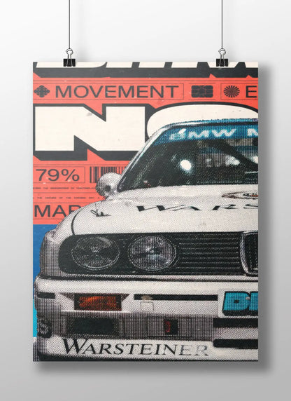 BMW E30 DTM Warsteiner Poster – Retro Motorsport Halftone Art Print
