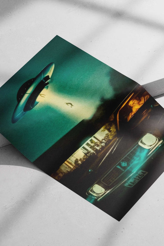 ["Beamed-up Figure (silhouette)", "Chevrolet Impala Driver"] 1960s American UFO Conspiracy Culture Vintage Matte poster