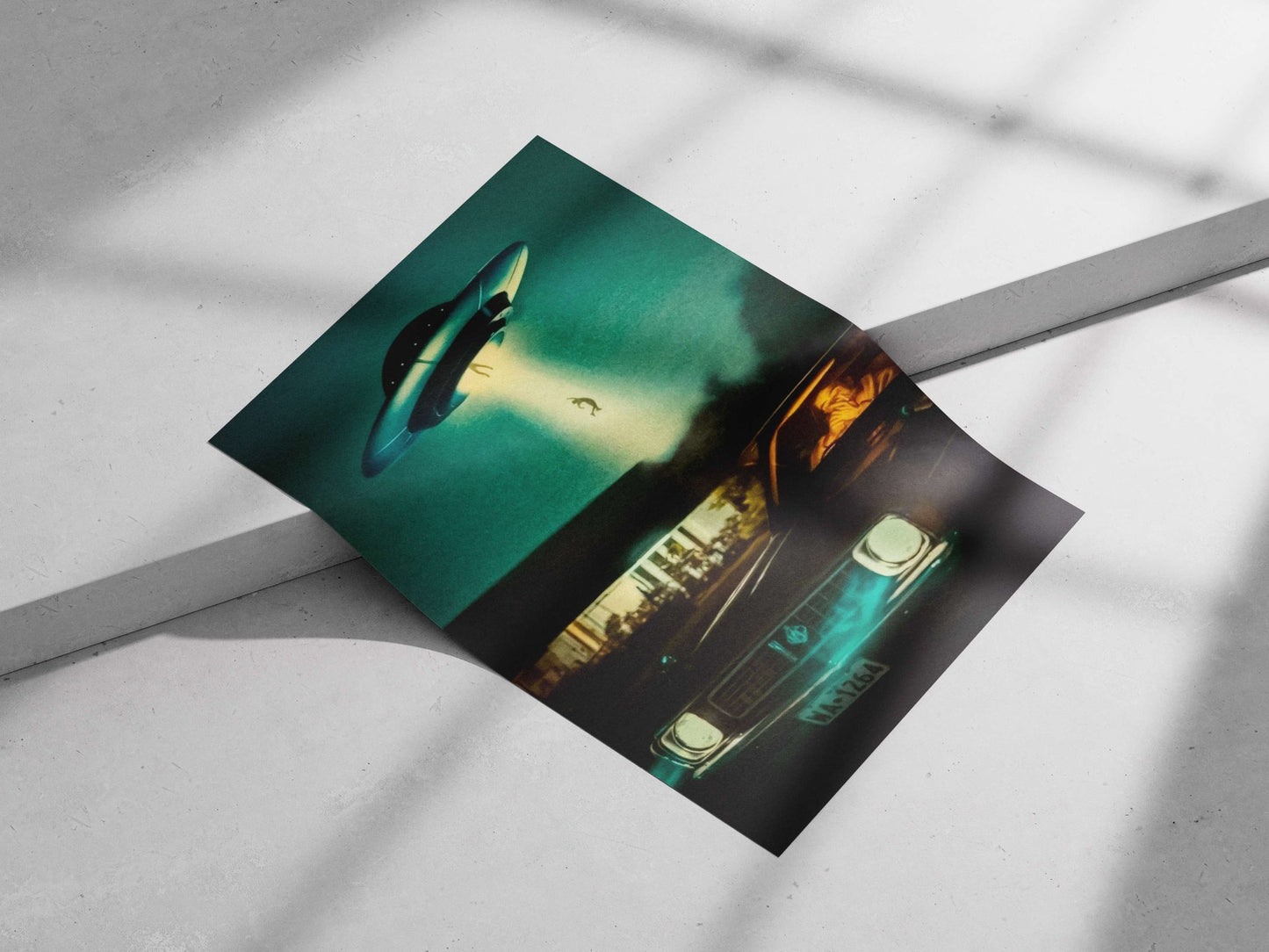 ["Beamed-up Figure (silhouette)", "Chevrolet Impala Driver"] 1960s American UFO Conspiracy Culture Vintage Matte poster