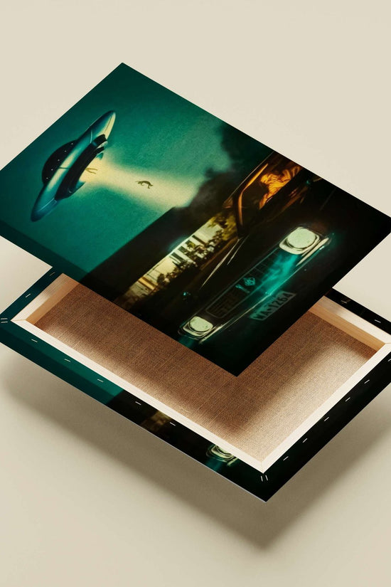 ["Beamed-up Figure (silhouette)", "Chevrolet Impala Driver"] 1960s American UFO Conspiracy Culture Vintage Canvas wall art —