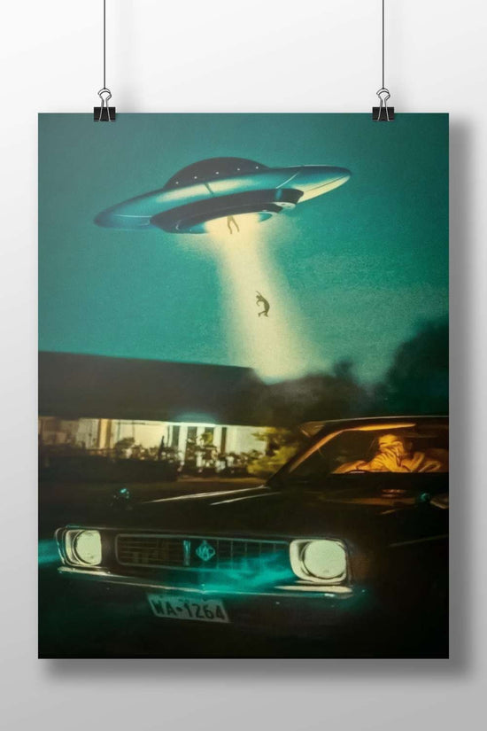 ["Beamed-up Figure (silhouette)", "Chevrolet Impala Driver"] 1960s American UFO Conspiracy Culture Vintage Matte BoizzBoard