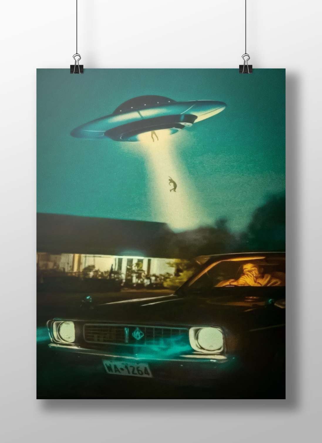 ["Beamed-up Figure (silhouette)", "Chevrolet Impala Driver"] 1960s American UFO Conspiracy Culture Vintage Matte BoizzBoard