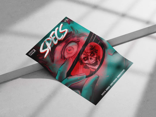 The comic series "Spells" by Boom! Studios (No. 1), featuring a character holding a mirror reflecting a skull. Main Subject: