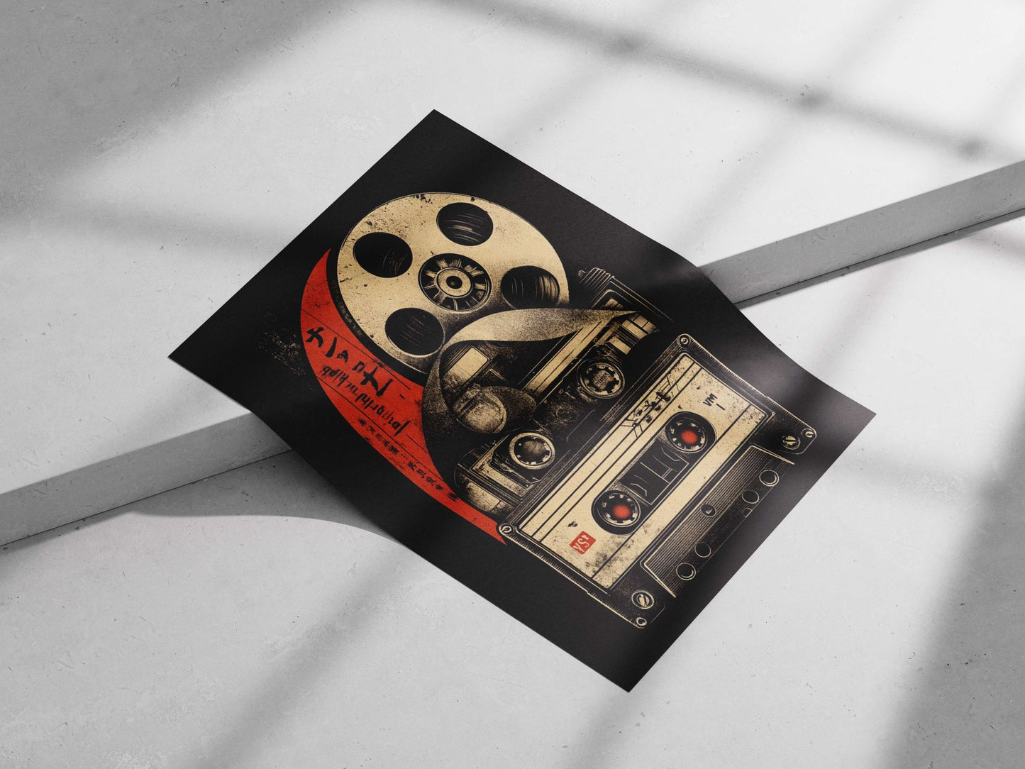 35mm film reel and audio cassette tapes (including a "VS" branded cassette) Main Subject: 35mm film reel and audio cassette