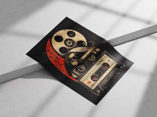 35mm film reel and audio cassette tapes (including a "VS" branded cassette) Main Subject: 35mm film reel and audio cassette