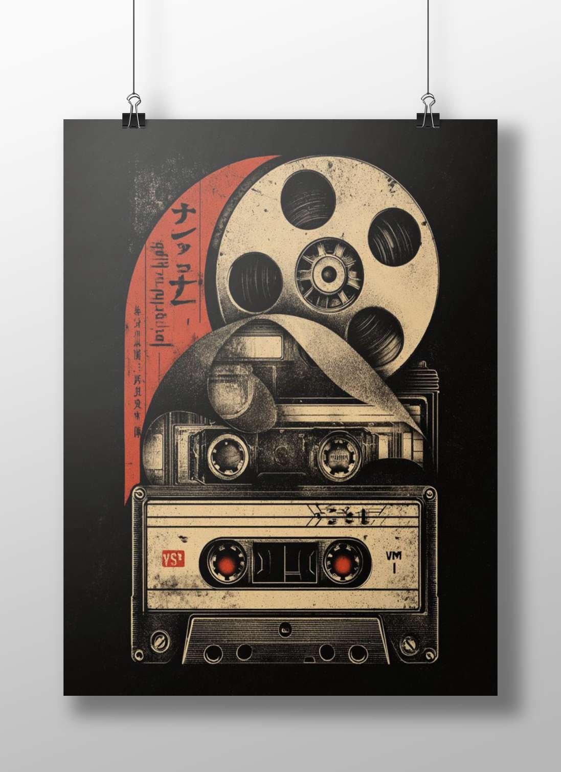 35mm film reel and audio cassette tapes (including a "VS" branded cassette) Main Subject: 35mm film reel and audio cassette