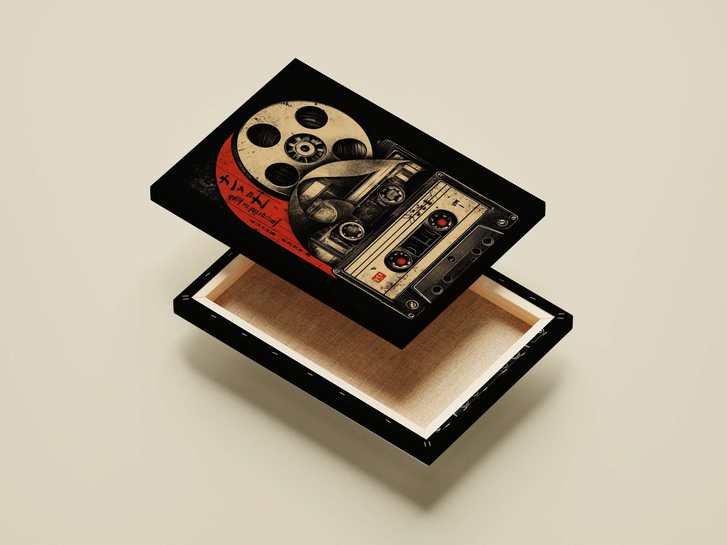 35mm film reel and audio cassette tapes (including a "VS" branded cassette) Main Subject: 35mm film reel and audio cassette