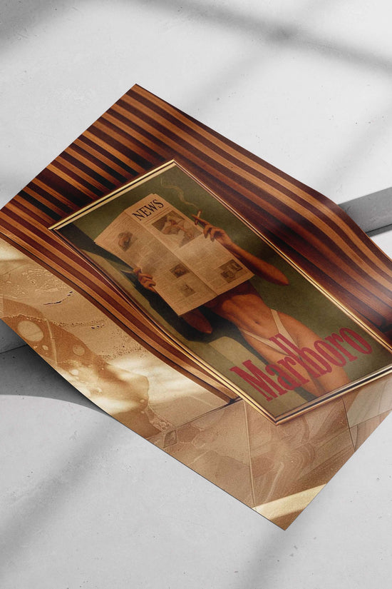 Framed vintage tobacco advertisement poster featuring a nude figure holding newspaper over face with cigarette