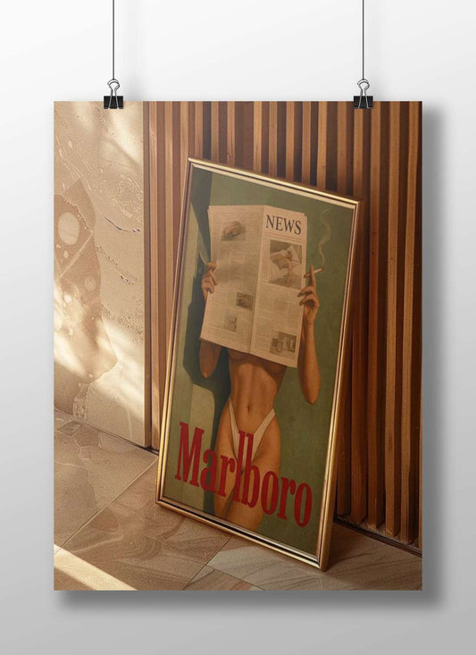 Framed vintage tobacco advertisement poster featuring a nude figure holding newspaper over face with cigarette