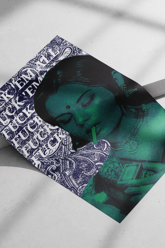 Cigarette Devi Rebellious Digital Collage Poster – Teal & Blue Art Wall Print
